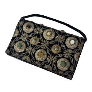 Vintage 1940s Velvet Anglo-Indian Genuine Gemstone Clutch Black Gold Multi